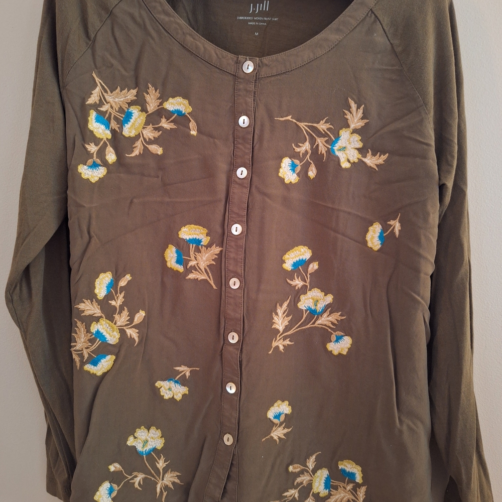J. Jill Olive Floral Embroidered Blouse